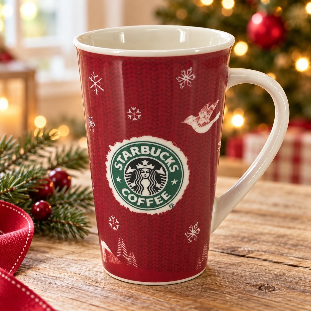 Starbucks Holiday 2008 Red Knit Reindeer Christmas Tree Ceramic Mug 16oz